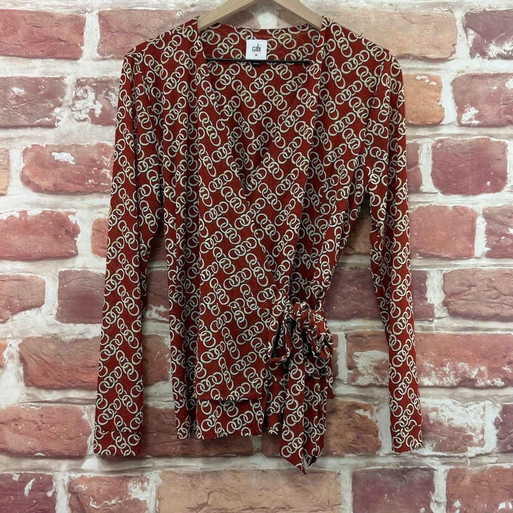 CAbi Wrap Top Women's M Rust Orange Brown Chain Link Mesh Casual Career Shirt